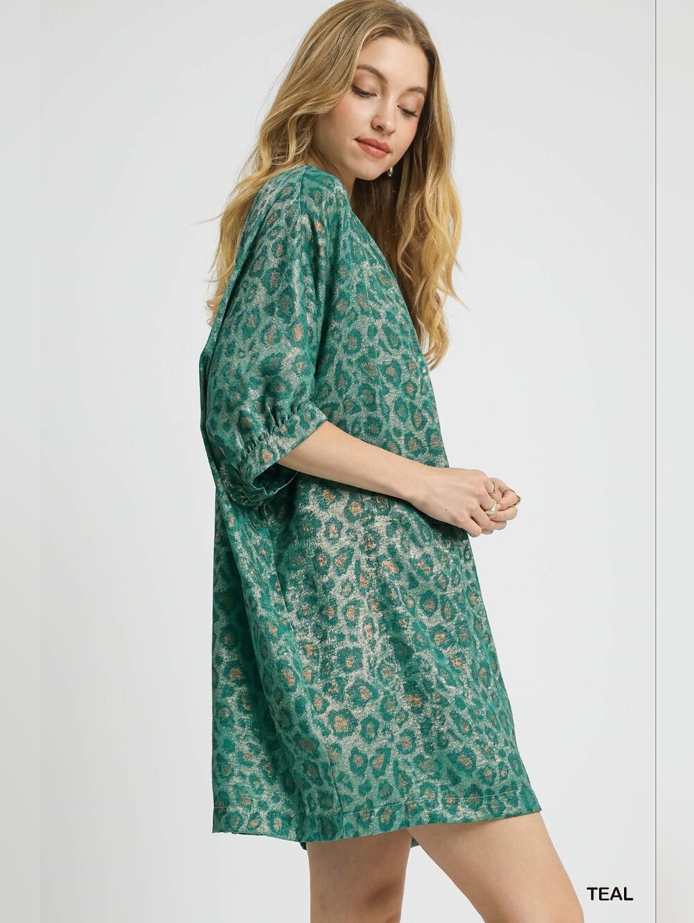 Umgee Metallic Leopard Print V-Neck Kimono Dress- TEAL - Picture 2 of 7